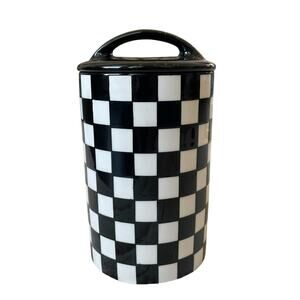 Potter's Studio Checkered Ceramic Canister w/ Lid Black & White 9x6 NEW